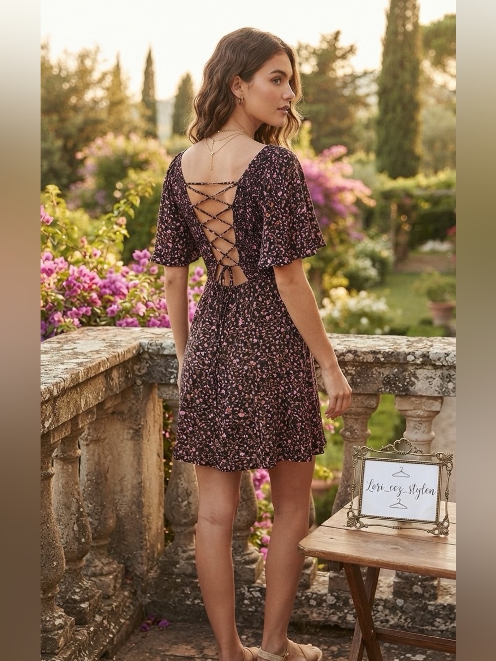 Free People full Smocked front mini Dress with Pink Floral Print Lace-Up Back